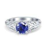 14K White Gold 1.11ct Round Art Deco Filigree 6.5mm G SI Nano Blue Sapphire Diamond Engagement Wedding Ring Size 6.5