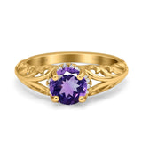 14K Yellow Gold 1.11ct Round Art Deco Filigree 6.5mm G SI Natural Amethyst Diamond Engagement Wedding Ring Size 6.5