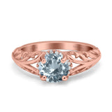 14K Rose Gold 1.11ct Round Art Deco Filigree 6.5mm G SI Natural Aquamarine Diamond Engagement Wedding Ring Size 6.5