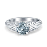 14K White Gold 1.11ct Round Art Deco Filigree 6.5mm G SI Natural Aquamarine Diamond Engagement Wedding Ring Size 6.5