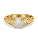 14K Yellow Gold 0.08ct Round Art Deco Filigree 6.5mm G SI Natural White Opal Diamond Engagement Wedding Ring Size 6.5