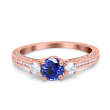 14K Rose Gold 1.37ct Round Three Stone Vintage 6mm G SI Nano Blue Sapphire Diamond Engagement Wedding Ring Size 6.5