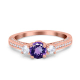 14K Rose Gold 1.37ct Round Three Stone Vintage 6mm G SI Natural Amethyst Diamond Engagement Wedding Ring Size 6.5