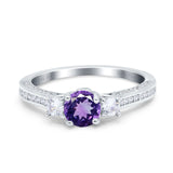 14K White Gold 1.37ct Round Three Stone Vintage 6mm G SI Natural Amethyst Diamond Engagement Wedding Ring Size 6.5