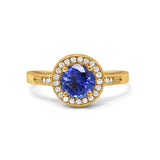 14K Yellow Gold 0.94ct Round Art Deco 6mm G SI Nano Blue Sapphire Diamond Engagement Wedding Ring Size 6.5