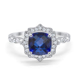 14K White Gold 2.31ct Cushion 8mm Halo G SI Nano Blue Sapphire Diamond Engagement Wedding Ring Size 6.5