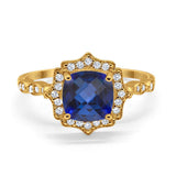 14K Yellow Gold 2.31ct Cushion 8mm Halo G SI Nano Blue Sapphire Diamond Engagement Wedding Ring Size 6.5