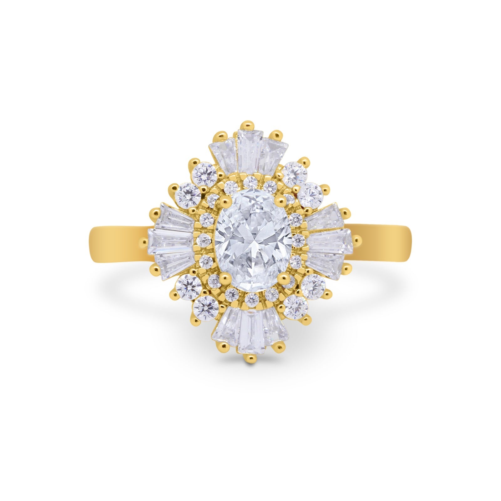 Art Deco Vintage Oval Halo Wedding Ring Yellow Tone, Simulated Cubic Zirconia 925 Sterling Silver