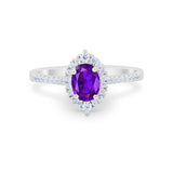 Oval Wedding Ring Halo Vintage Simulated Amethyst CZ 925 Sterling Silver