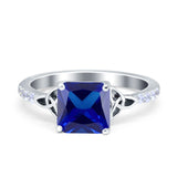 Cushion Cut Celtic Wedding Ring Simulated Blue Sapphire CZ 925 Sterling Silver