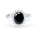 Floral Halo Oval Wedding Ring Simulated Black CZ 925 Sterling Silver