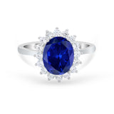 Floral Halo Oval Wedding Ring Simulated Blue Sapphire CZ 925 Sterling Silver