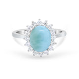 Floral Halo Oval Wedding Engagement  Simulated Larimar CZ Ring 925 Sterling Silver