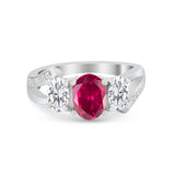 Oval Wedding Split Shank Ring Simulated Ruby CZ 925 Sterling Silver