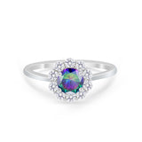 Halo Floral Wedding Ring Round Simulated Rainbow CZ 925 Sterling Silver