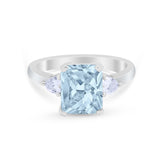 Three Stone Wedding Ring Emerald Cut Simulated Aquamarine CZ 925 Sterling Silver