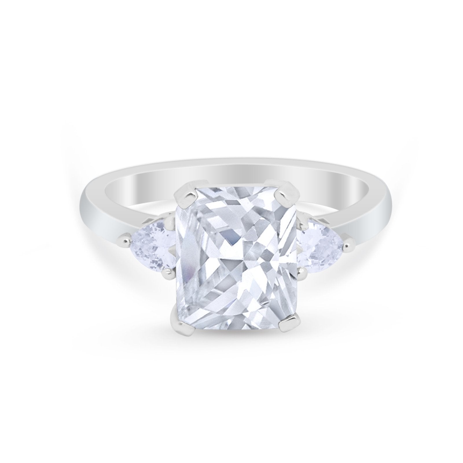 Three Stone Wedding Ring Emerald Cut Simulated Cubic Zirconia 925 Sterling Silver