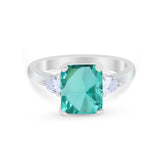 Three Stone Wedding Ring Emerald Cut Simulated Paraiba Tourmaline CZ 925 Sterling Silver