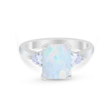 Three Stone Wedding Ring Emerald Cut Lab Created White Opal 925 Sterling Silver