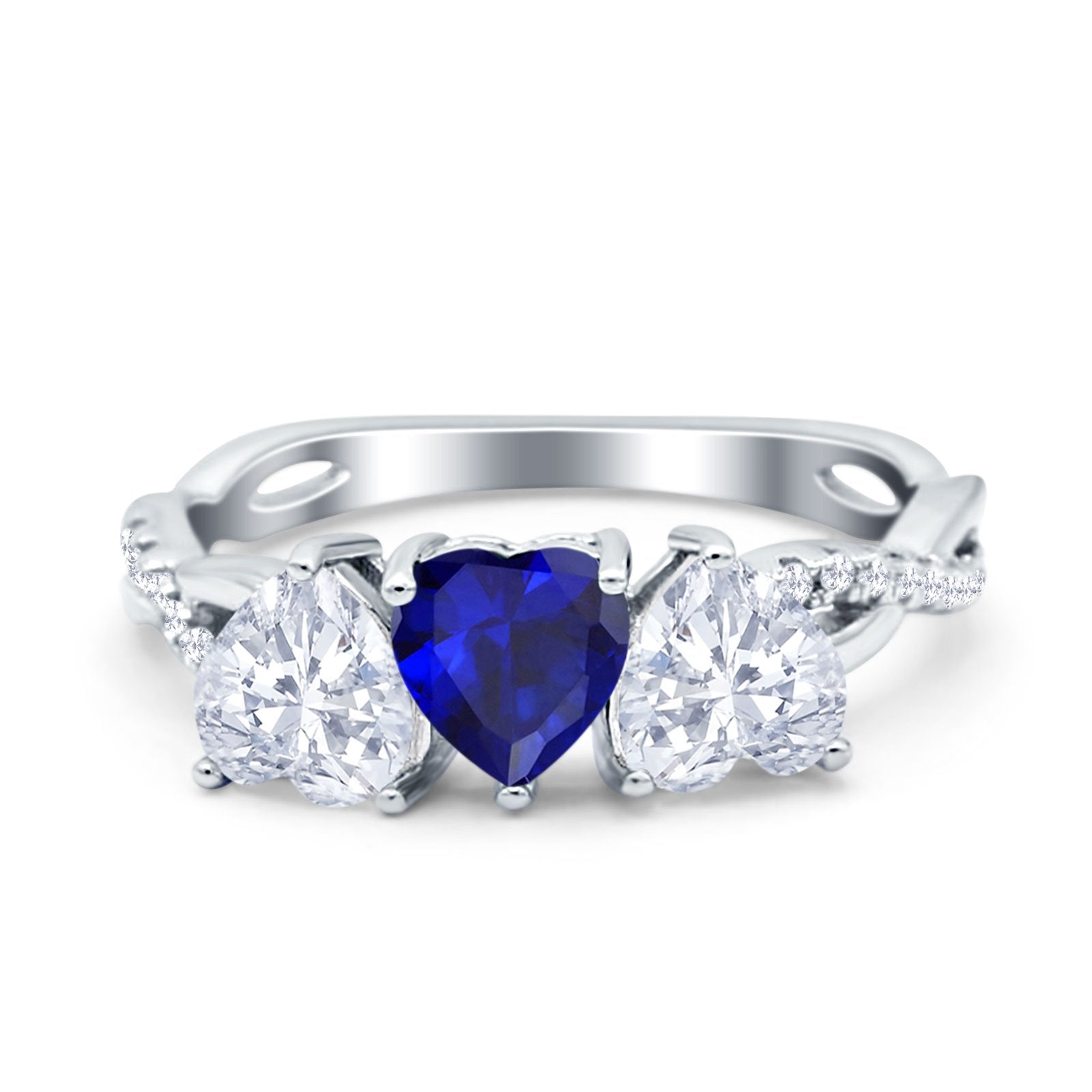 Three Heart Engagement Promise Ring Simulated Blue Sapphire CZ 925 Ste