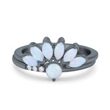 Two Piece Bridal Art Deco Wedding Ring Round Black Tone, Lab Created White Opal 925 Sterling Silver