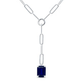 14K White Gold 0.91ct Emerald Cut Paperclip Chain Necklace Blue Sapphire 16" Long
