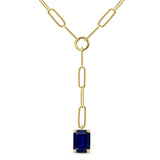 14K Yellow Gold 0.91ct Emerald Cut Paperclip Chain Necklace Blue Sapphire 16" Long