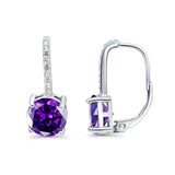 Round LeverBack Earrings Hoop Huggie Design Simulated Amethyst CZ 925 Sterling Silver (22mm)