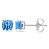 Solitaire Cushion Stud Earrings Simulated Blue Topaz CZ 925 Sterling Silver