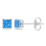 Solitaire Princess Cut Stud Earrings Simulated Blue Topaz CZ 925 Sterling Silver