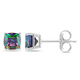 Solitaire Cushion Stud Earrings Simulated Rainbow CZ 925 Sterling Silver