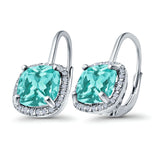 Halo Cushion Leverback Earrings Simulated Paraiba Tourmaline CZ 925 Sterling Silver