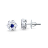 Cluster 7-Stone Round 8mm Simulated Blue Sapphire CZ 925 Sterling Silver Screwback Flower Stud Earring