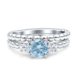 Three Stone Two Piece Bridal Wedding Beaded Ring Round Simulated Aquamarine 925 Sterling Silver Wholesale