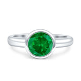 Bezel Set 7mm Round Engagement Ring Simulated Green Emerald CZ 925 Sterling Silver Wholesale