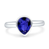 Bezel Set 9mmX7mm Pear Engagement Ring Simulated Blue Sapphire CZ 925 Sterling Silver Wholesale