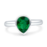 Bezel Set 9mmX7mm Pear Engagement Ring Simulated Green Emerald CZ 925 Sterling Silver Wholesale