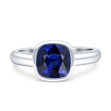 Bezel Set 7mmX7mm Cushion Engagement Ring Simulated Blue Sapphire 925 Sterling Silver Wholesale