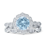 Two Piece Round Halo Floral Ring Aquamarine CZ 925 Sterling Silver Wholesale