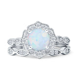 Two Piece Round Halo Floral Ring Created White Opal 925 Sterling Silver Wholesale