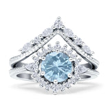 Two Piece Round Halo Bridal Ring Aquamarine CZ 925 Sterling Silver Wholesale