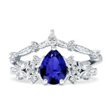 Two Piece Pear Teardrop Bridal Ring Blue Sapphire CZ 925 Sterling Silver Wholesale