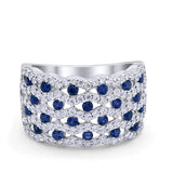 Wide Band Half Eternity Ring Round Simulated Blue Sapphire CZ 925 Sterling Silver