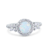 Halo Art Deco Wedding Engagement Bridal Ring Round Lab Created White Opal 925 Sterling Silver