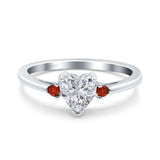 Art Deco Heart Three Stone Wedding Ring Garnet Simulated Cubic Zirconia 925 Sterling Silver