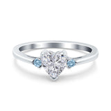 Art Deco Heart Three Stone Wedding Ring Aquamarine Simulated Cubic Zirconia 925 Sterling Silver