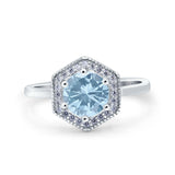 Art Deco Hexagon Shape Wedding Bridal Ring Round Simulated Aquamarine CZ 925 Sterling Silver