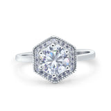 Art Deco Hexagon Shape Wedding Bridal Ring Round Simulated Cubic Zirconia 925 Sterling Silver