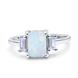 Emerald Cut Art Deco Three Stone Wedding Ring Lab Created White Opal 925 Sterling Silver