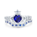 Claddagh Accent Heart Wedding Bridal Set Piece Ring Band Simulated Blue Sapphire CZ 925 Sterling Silver